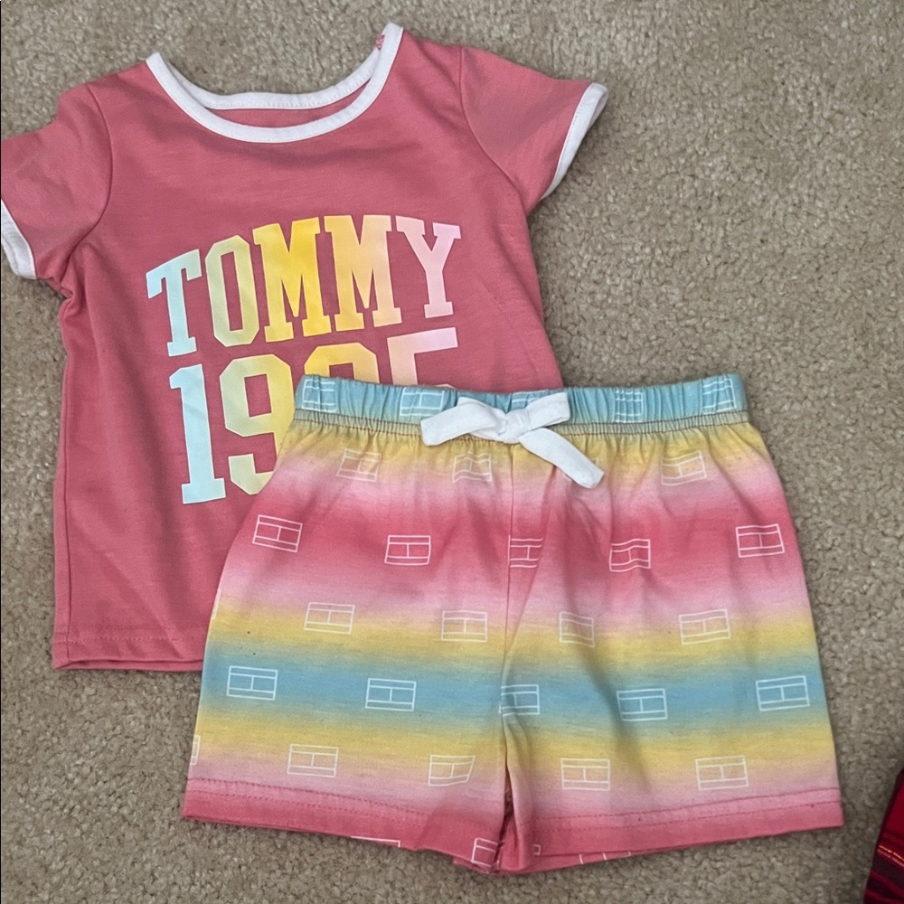 Tommy Hilfiger Pink Short Sleeve Tee & Rainbow Stripe Shorts Pajama Set